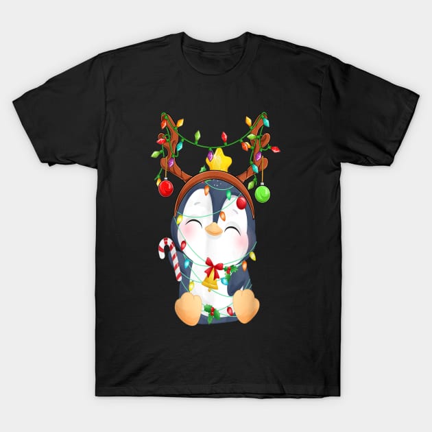 Cute Penguin Christmas Reindeer Color Lights Happy Holiday T-Shirt by Brodrick Arlette Store